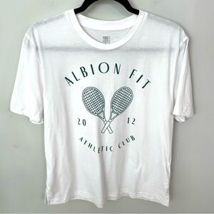 Albion Fit Athletic Club Tennis Racquet Tee Shirt sz M White Green Athleisure 24